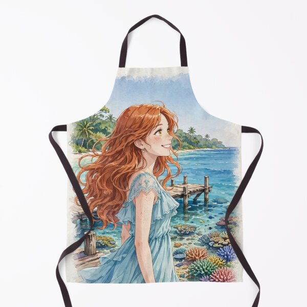 Item preview, Australia Great Barrier Reef with a Radiant Redhead Traveler in a Flowing Aqua Blue Dress, Turquoise Ocean and Tropical Paradise Landscape designed and sold by DibujandoPorfa.