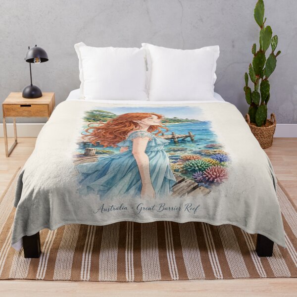 Item preview, Australia Great Barrier Reef with a Radiant Redhead Traveler in a Flowing Aqua Blue Dress, Turquoise Ocean and Tropical Paradise Landscape designed and sold by DibujandoPorfa.