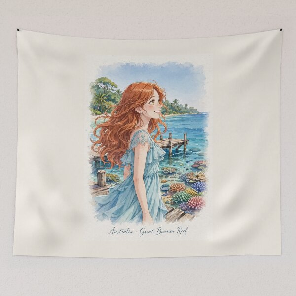 Item preview, Australia Great Barrier Reef with a Radiant Redhead Traveler in a Flowing Aqua Blue Dress, Turquoise Ocean and Tropical Paradise Landscape designed and sold by DibujandoPorfa.