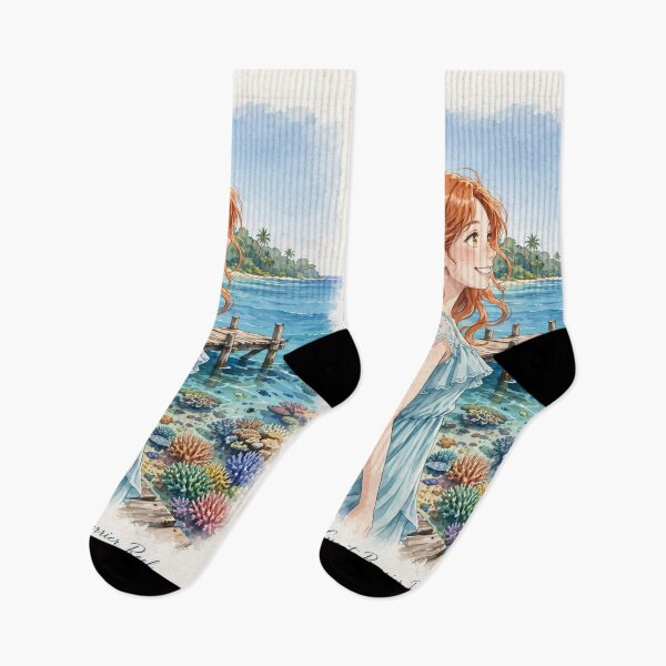 Item preview, Australia Great Barrier Reef with a Radiant Redhead Traveler in a Flowing Aqua Blue Dress, Turquoise Ocean and Tropical Paradise Landscape designed and sold by DibujandoPorfa.
