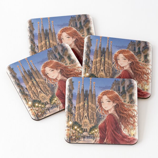 Item preview, Spain Barcelona Sagrada Familia with a Charming Redhead Traveler in an Elegant Crimson Dress, Historic Architecture and Magical European Evening designed and sold by DibujandoPorfa.