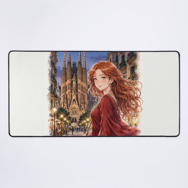Item preview, Spain Barcelona Sagrada Familia with a Charming Redhead Traveler in an Elegant Crimson Dress, Historic Architecture and Magical European Evening designed and sold by DibujandoPorfa.