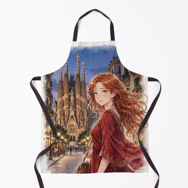 Item preview, Spain Barcelona Sagrada Familia with a Charming Redhead Traveler in an Elegant Crimson Dress, Historic Architecture and Magical European Evening designed and sold by DibujandoPorfa.