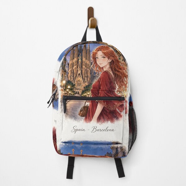 Item preview, Spain Barcelona Sagrada Familia with a Charming Redhead Traveler in an Elegant Crimson Dress, Historic Architecture and Magical European Evening designed and sold by DibujandoPorfa.