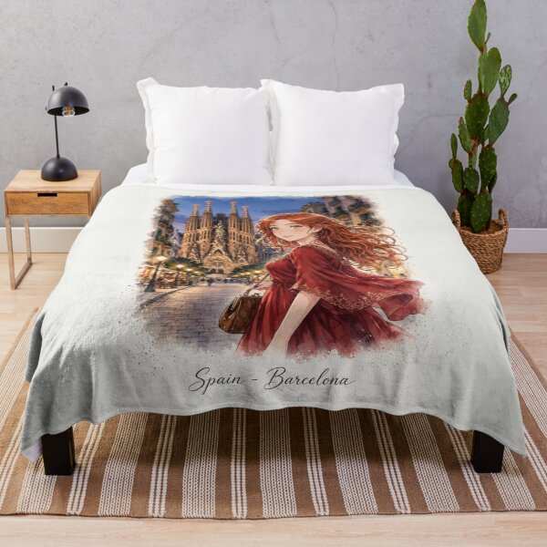 Item preview, Spain Barcelona Sagrada Familia with a Charming Redhead Traveler in an Elegant Crimson Dress, Historic Architecture and Magical European Evening designed and sold by DibujandoPorfa.