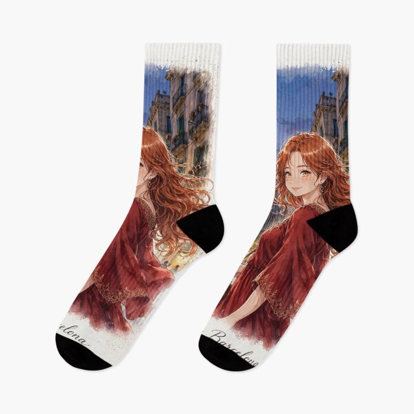 Item preview, Spain Barcelona Sagrada Familia with a Charming Redhead Traveler in an Elegant Crimson Dress, Historic Architecture and Magical European Evening designed and sold by DibujandoPorfa.