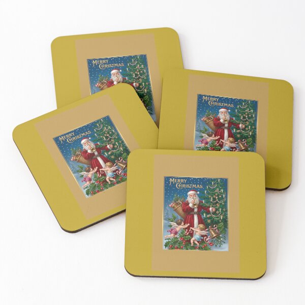 Item preview, Santa Claus blowing horn with cherubs and lit Christmas tree designed and sold by ArtworkNorth.