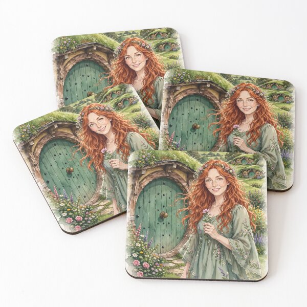 Item preview, New Zealand Hobbiton with a Sweet Redhead Traveler in a Romantic Sage Green Dress, Enchanted Hills and Charming Fairytale Village Landscape designed and sold by DibujandoPorfa.