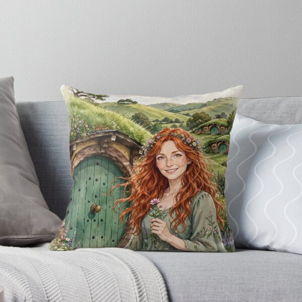 Item preview, New Zealand Hobbiton with a Sweet Redhead Traveler in a Romantic Sage Green Dress, Enchanted Hills and Charming Fairytale Village Landscape designed and sold by DibujandoPorfa.
