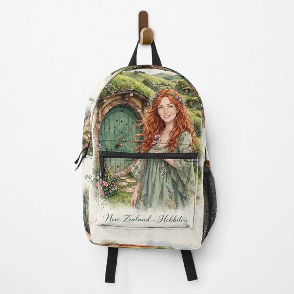 Item preview, New Zealand Hobbiton with a Sweet Redhead Traveler in a Romantic Sage Green Dress, Enchanted Hills and Charming Fairytale Village Landscape designed and sold by DibujandoPorfa.