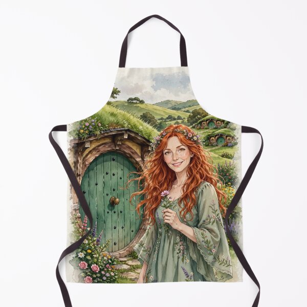Item preview, New Zealand Hobbiton with a Sweet Redhead Traveler in a Romantic Sage Green Dress, Enchanted Hills and Charming Fairytale Village Landscape designed and sold by DibujandoPorfa.