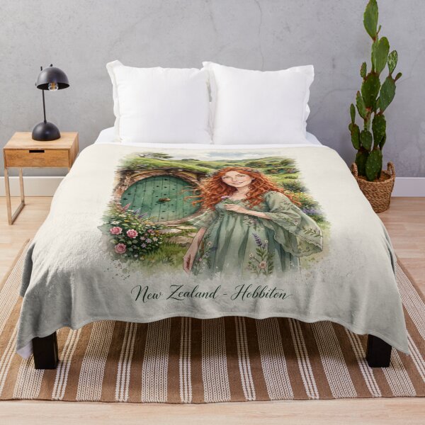 Item preview, New Zealand Hobbiton with a Sweet Redhead Traveler in a Romantic Sage Green Dress, Enchanted Hills and Charming Fairytale Village Landscape designed and sold by DibujandoPorfa.