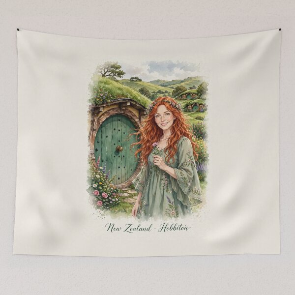 Item preview, New Zealand Hobbiton with a Sweet Redhead Traveler in a Romantic Sage Green Dress, Enchanted Hills and Charming Fairytale Village Landscape designed and sold by DibujandoPorfa.