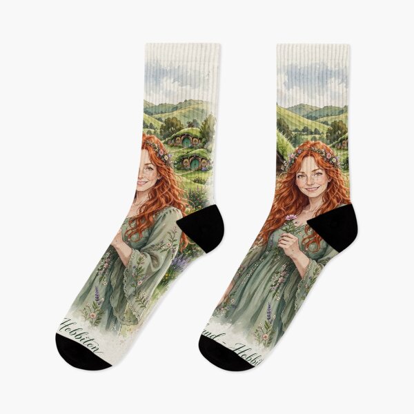 Item preview, New Zealand Hobbiton with a Sweet Redhead Traveler in a Romantic Sage Green Dress, Enchanted Hills and Charming Fairytale Village Landscape designed and sold by DibujandoPorfa.