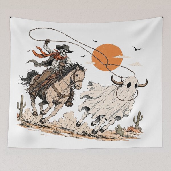 Item preview, Ghost Cowboy Roping a Ghost Bull - Vintage Western Halloween Illustration designed and sold by CreativeNest Prints.