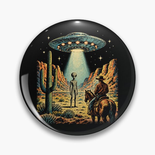 Item preview, Cowboy Faces Alien Under UFO Light In Desert Night designed and sold by Moizento.