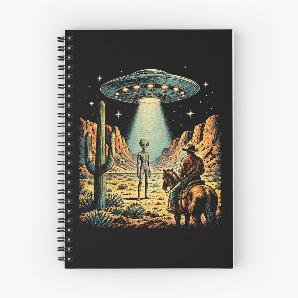 Item preview, Cowboy Faces Alien Under UFO Light In Desert Night designed and sold by Moizento.