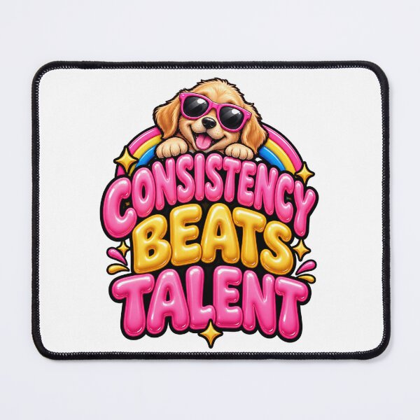 Item preview, Consistency Beats Talent – Cute Golden Puppy In Sunglasses Inflatable Balloon Typography T-Shirt Design designed and sold by ZayCreates.