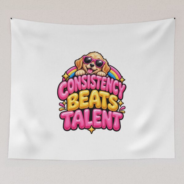Item preview, Consistency Beats Talent – Cute Golden Puppy In Sunglasses Inflatable Balloon Typography T-Shirt Design designed and sold by ZayCreates.