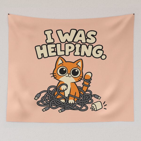 Item preview, I Was Helping Funny Cat and Charging Cable Cartoon designed and sold by MewMade.