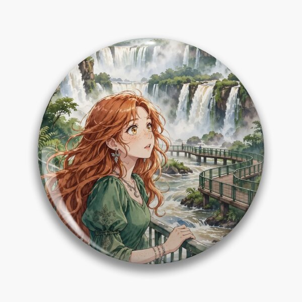 Item preview, Brazil Iguazu Falls with an Enchanting Redhead Traveler in an Elegant Emerald Dress, Tropical Rainforest and Majestic Waterfall Landscape designed and sold by DibujandoPorfa.