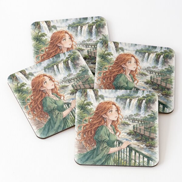 Item preview, Brazil Iguazu Falls with an Enchanting Redhead Traveler in an Elegant Emerald Dress, Tropical Rainforest and Majestic Waterfall Landscape designed and sold by DibujandoPorfa.