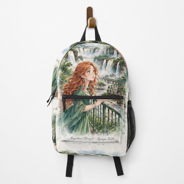 Item preview, Brazil Iguazu Falls with an Enchanting Redhead Traveler in an Elegant Emerald Dress, Tropical Rainforest and Majestic Waterfall Landscape designed and sold by DibujandoPorfa.