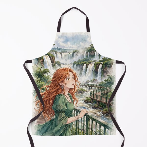 Item preview, Brazil Iguazu Falls with an Enchanting Redhead Traveler in an Elegant Emerald Dress, Tropical Rainforest and Majestic Waterfall Landscape designed and sold by DibujandoPorfa.