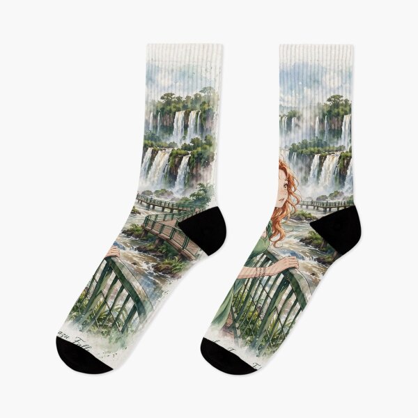 Item preview, Brazil Iguazu Falls with an Enchanting Redhead Traveler in an Elegant Emerald Dress, Tropical Rainforest and Majestic Waterfall Landscape designed and sold by DibujandoPorfa.