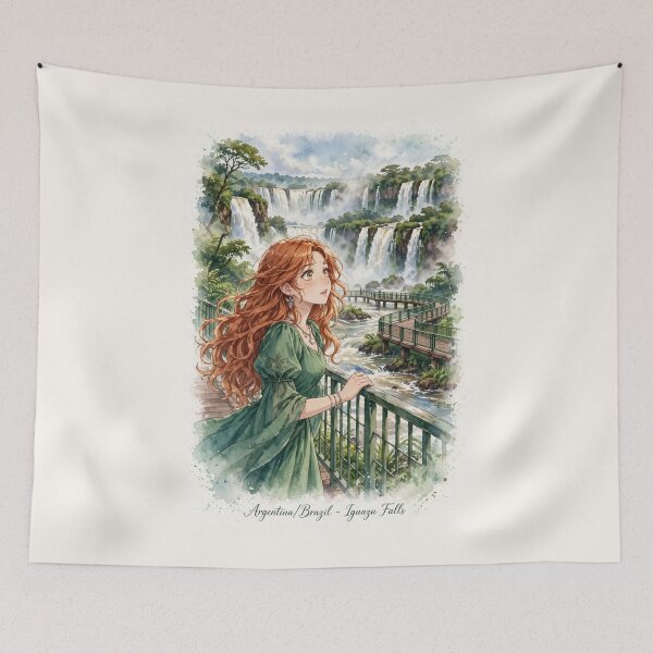 Item preview, Brazil Iguazu Falls with an Enchanting Redhead Traveler in an Elegant Emerald Dress, Tropical Rainforest and Majestic Waterfall Landscape designed and sold by DibujandoPorfa.