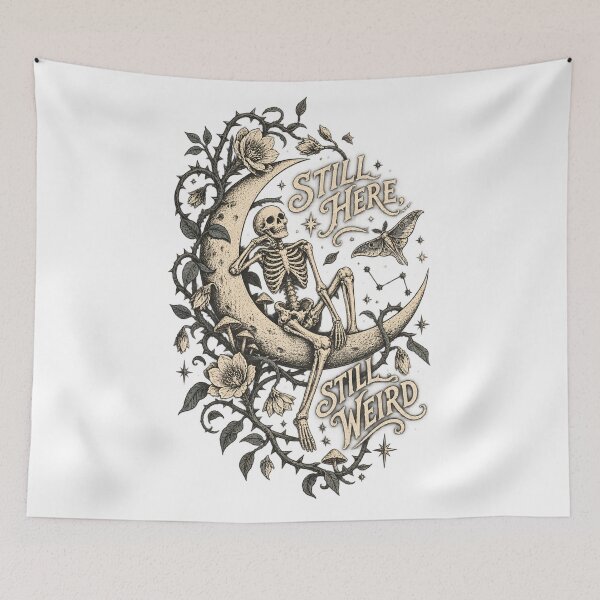 Item preview, Still Here Still Weird Skeleton on Crescent Moon Vintage Goth Art Print designed and sold by Mr-Slow.