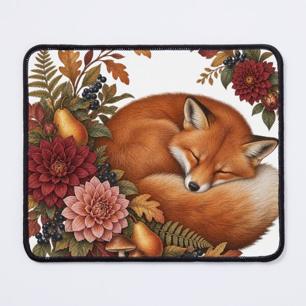 Item preview, Sleeping Autumn Fox – Cottagecore Floral Woodland Art designed and sold by Mildly Functional.