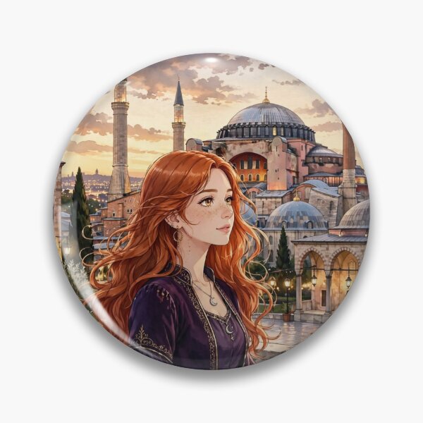 Item preview, Turkey Istanbul Hagia Sophia with an Enchanting Redhead Traveler in an Elegant Purple Dress, Historic Architecture and Golden Evening Cityscape designed and sold by DibujandoPorfa.