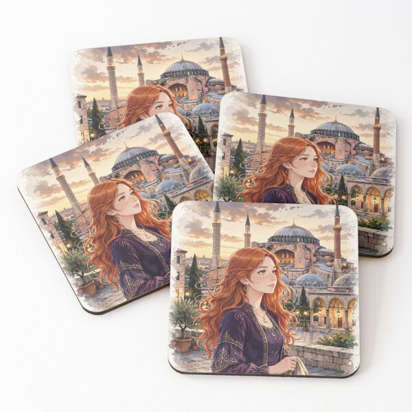 Item preview, Turkey Istanbul Hagia Sophia with an Enchanting Redhead Traveler in an Elegant Purple Dress, Historic Architecture and Golden Evening Cityscape designed and sold by DibujandoPorfa.