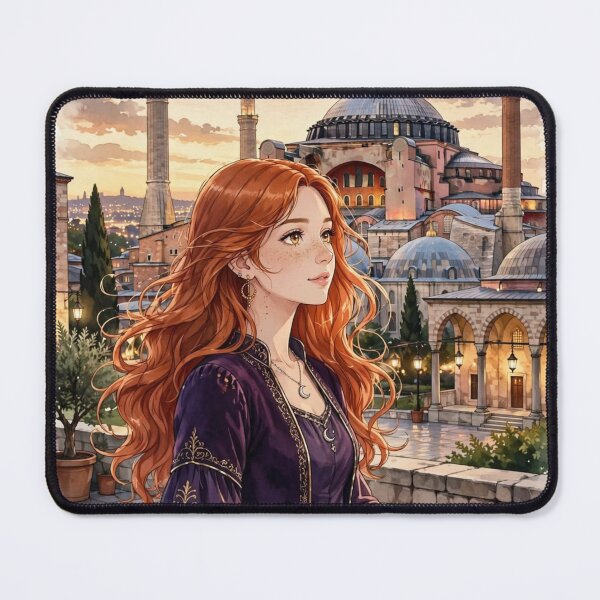 Item preview, Turkey Istanbul Hagia Sophia with an Enchanting Redhead Traveler in an Elegant Purple Dress, Historic Architecture and Golden Evening Cityscape designed and sold by DibujandoPorfa.