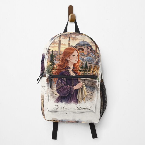 Item preview, Turkey Istanbul Hagia Sophia with an Enchanting Redhead Traveler in an Elegant Purple Dress, Historic Architecture and Golden Evening Cityscape designed and sold by DibujandoPorfa.
