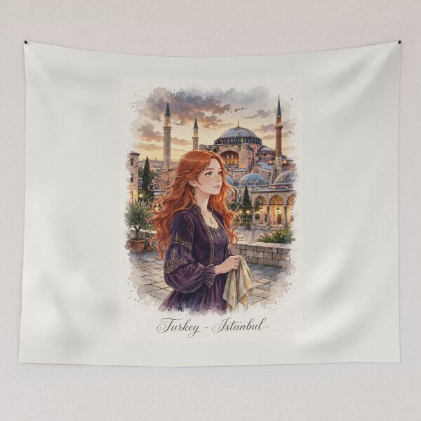 Item preview, Turkey Istanbul Hagia Sophia with an Enchanting Redhead Traveler in an Elegant Purple Dress, Historic Architecture and Golden Evening Cityscape designed and sold by DibujandoPorfa.