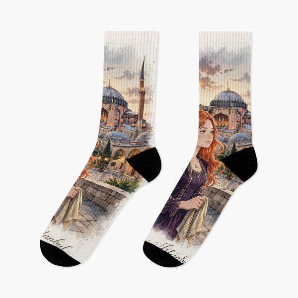 Item preview, Turkey Istanbul Hagia Sophia with an Enchanting Redhead Traveler in an Elegant Purple Dress, Historic Architecture and Golden Evening Cityscape designed and sold by DibujandoPorfa.