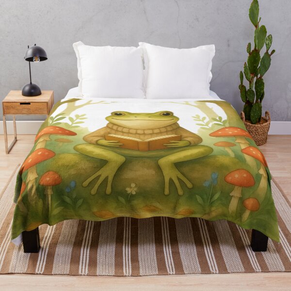 Item preview, Cozy Reading Frog in Cottagecore Forest Watercolor designed and sold by RAJASWARSTORE.