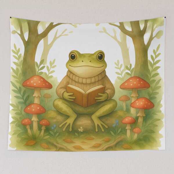 Item preview, Cozy Reading Frog in Cottagecore Forest Watercolor designed and sold by RAJASWARSTORE.