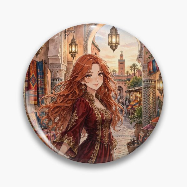 Item preview, Morocco Marrakech with a Mysterious Redhead Traveler in an Elegant Deep Red Dress, Golden Lanterns and Exotic Moroccan Courtyard designed and sold by DibujandoPorfa.