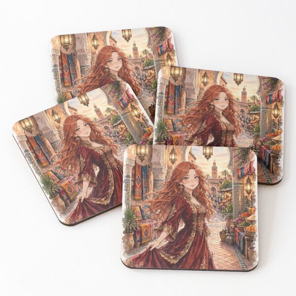 Item preview, Morocco Marrakech with a Mysterious Redhead Traveler in an Elegant Deep Red Dress, Golden Lanterns and Exotic Moroccan Courtyard designed and sold by DibujandoPorfa.