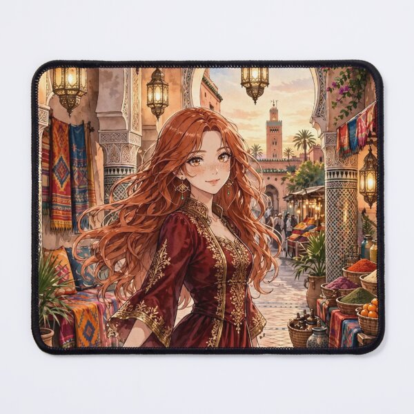 Item preview, Morocco Marrakech with a Mysterious Redhead Traveler in an Elegant Deep Red Dress, Golden Lanterns and Exotic Moroccan Courtyard designed and sold by DibujandoPorfa.