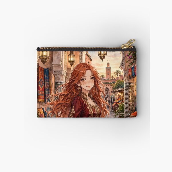 Item preview, Morocco Marrakech with a Mysterious Redhead Traveler in an Elegant Deep Red Dress, Golden Lanterns and Exotic Moroccan Courtyard designed and sold by DibujandoPorfa.