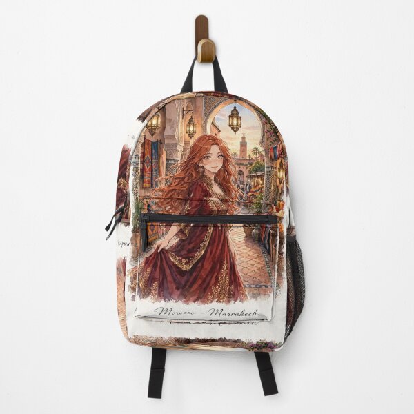 Item preview, Morocco Marrakech with a Mysterious Redhead Traveler in an Elegant Deep Red Dress, Golden Lanterns and Exotic Moroccan Courtyard designed and sold by DibujandoPorfa.