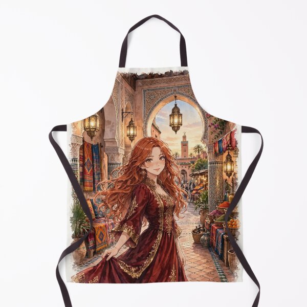 Item preview, Morocco Marrakech with a Mysterious Redhead Traveler in an Elegant Deep Red Dress, Golden Lanterns and Exotic Moroccan Courtyard designed and sold by DibujandoPorfa.