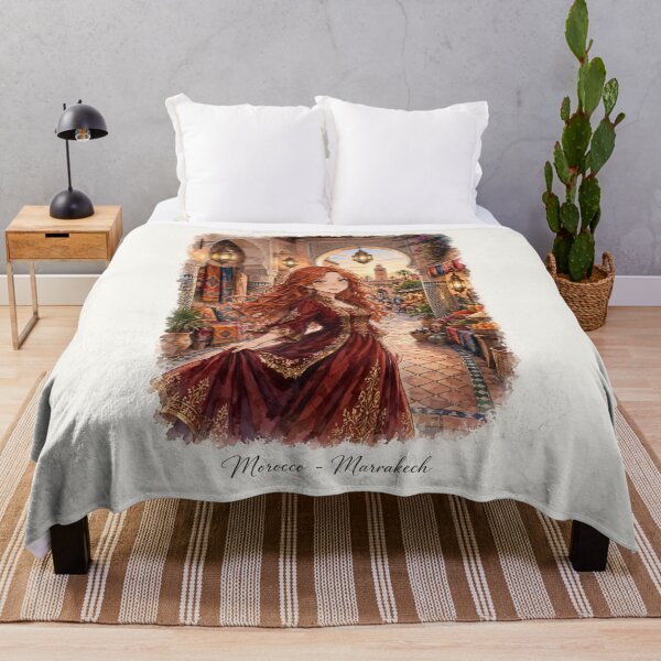 Item preview, Morocco Marrakech with a Mysterious Redhead Traveler in an Elegant Deep Red Dress, Golden Lanterns and Exotic Moroccan Courtyard designed and sold by DibujandoPorfa.