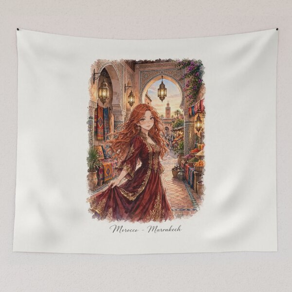 Item preview, Morocco Marrakech with a Mysterious Redhead Traveler in an Elegant Deep Red Dress, Golden Lanterns and Exotic Moroccan Courtyard designed and sold by DibujandoPorfa.