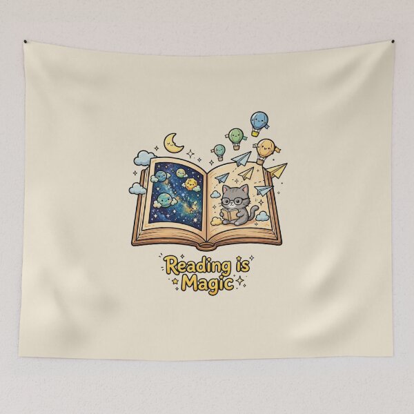 Item preview, Reading is Magic - Cute Book Lover Cat And Galaxy Book Portal designed and sold by NovaNest  Studio.