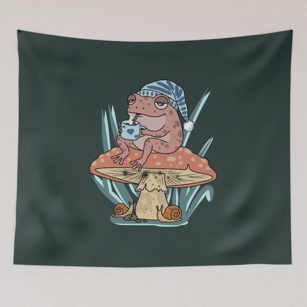 Item preview, Frog Drinking Coffee Sleeping Cap Cottagecore Mushroom designed and sold by LeshanArt.